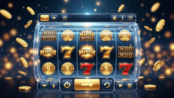 Online slot machine with transparent reels and gold coins, illustrating a fair and trustworthy gaming experience for players